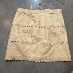 Leather Scalloped Mini Skirt w/ Front Zip + Polka Dot Lining (Tan/Beige)